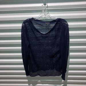 Eileen Fisher Navy Blue Linen Pullover Fishnet Long Sleeve Shirt Women’s Size L